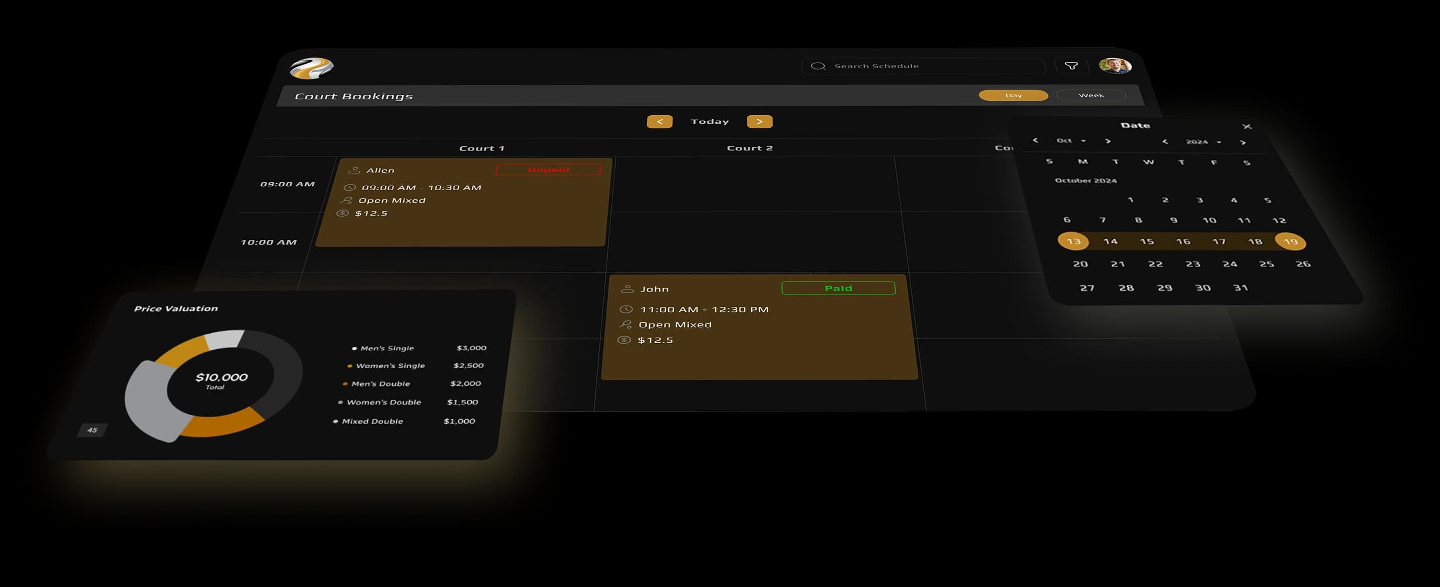 CourtPro padel club management dashboard