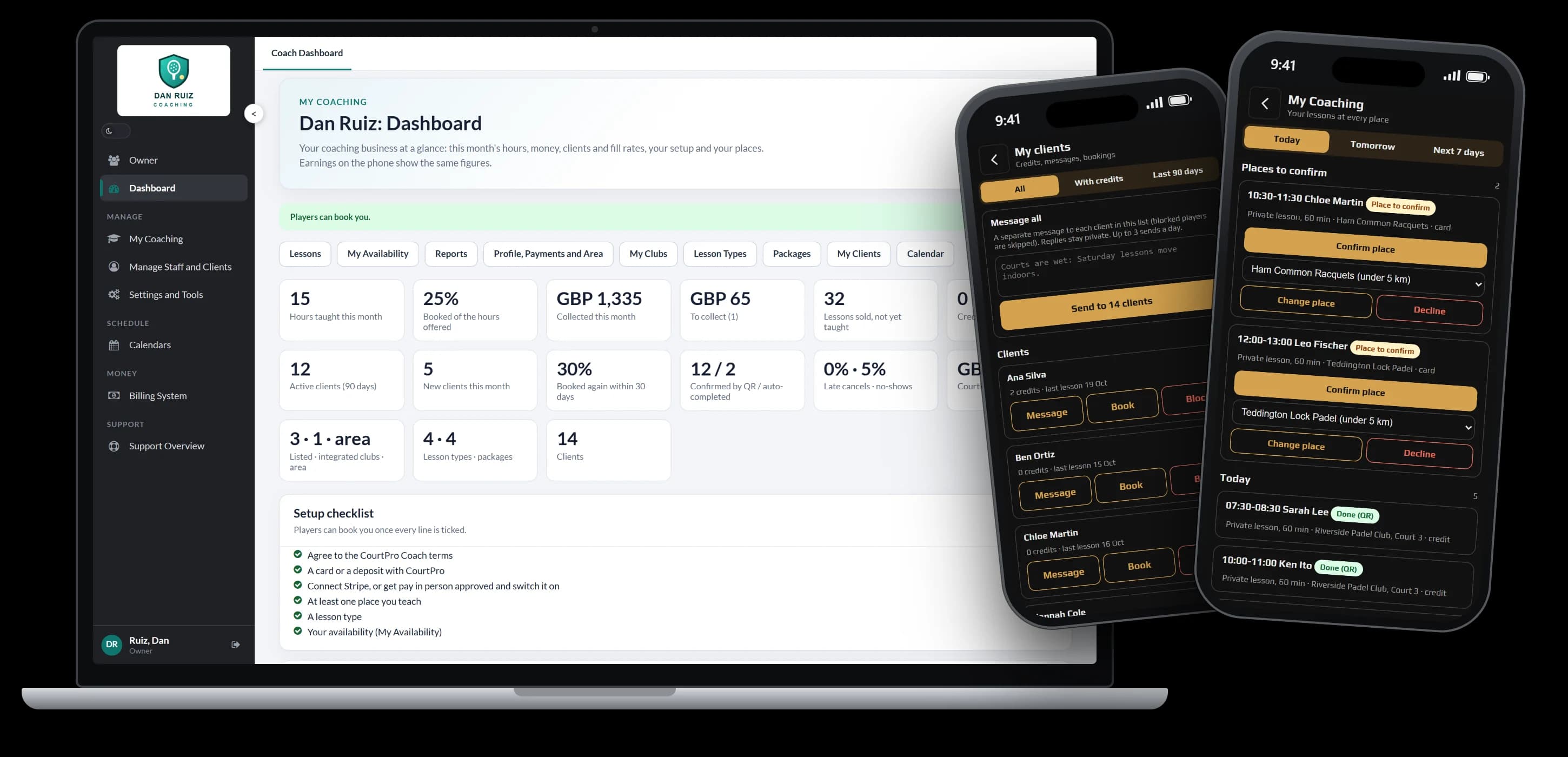 The CourtPro coach dashboard on a laptop, and the coach's day and client list in the CourtPro app