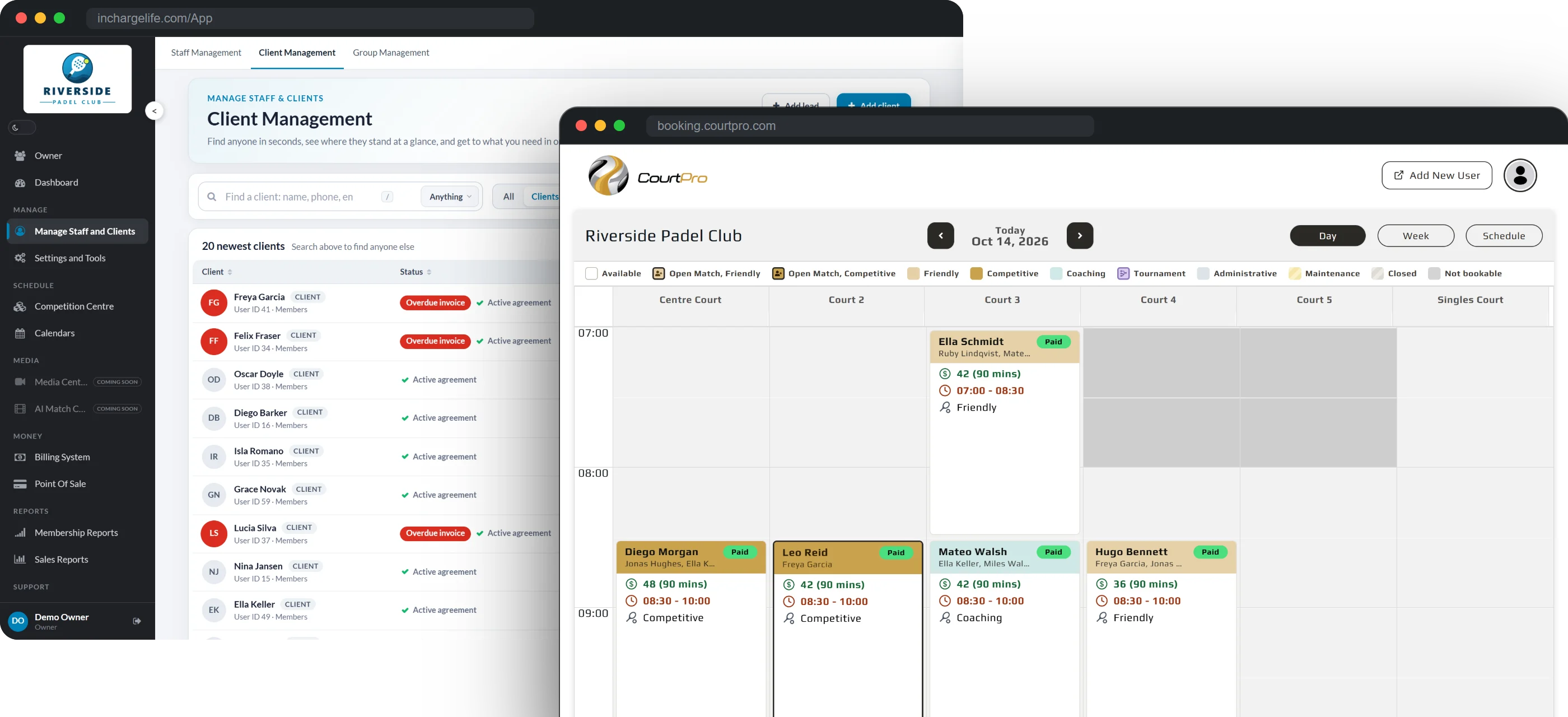 CourtPro with a club's members in the back office and its court bookings in the booking calendar