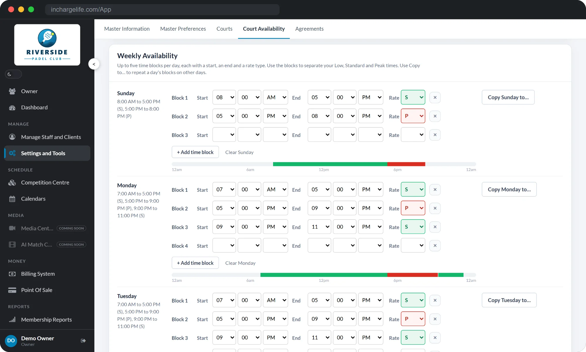 CourtPro court availability: each day's time blocks with standard, peak and low rates
